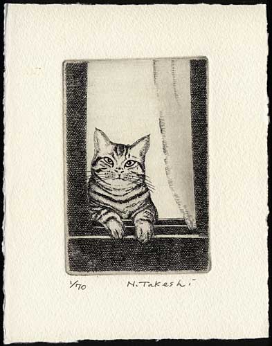 窓から猫が(c025)・銅版画