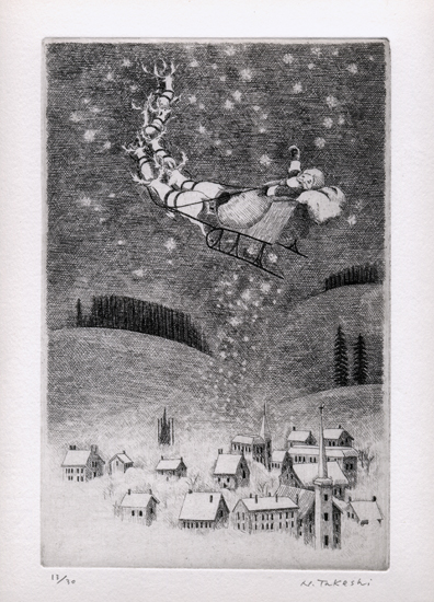 サンタクロース・星のプレゼント(e017)・銅版画